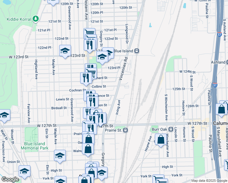 map of restaurants, bars, coffee shops, grocery stores, and more near 12539 Vincennes Road in Blue Island