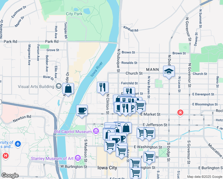 map of restaurants, bars, coffee shops, grocery stores, and more near in Iowa City
