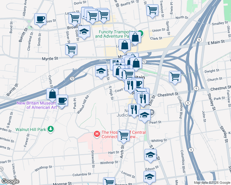 map of restaurants, bars, coffee shops, grocery stores, and more near 60 Court Street in New Britain