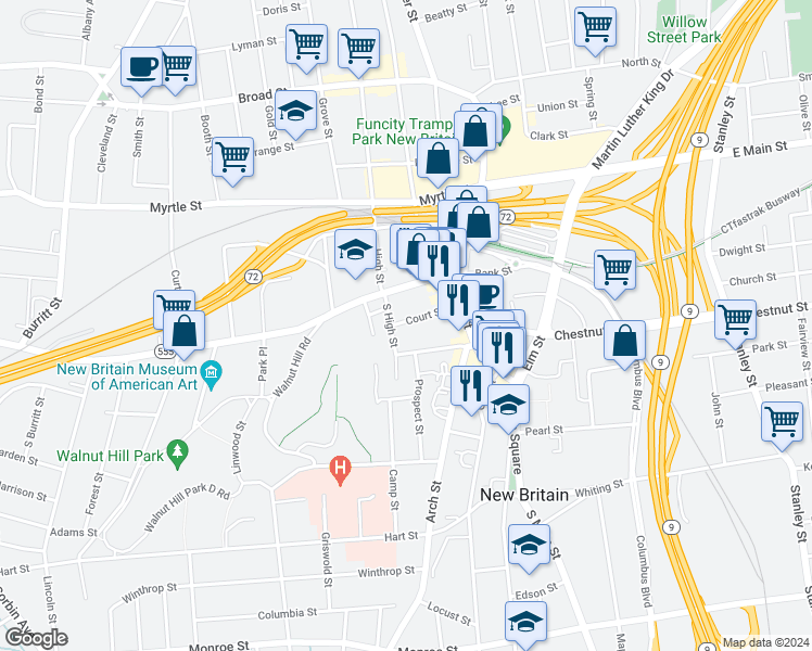 map of restaurants, bars, coffee shops, grocery stores, and more near 60 Court Street in New Britain