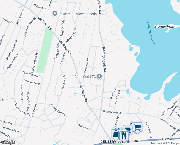 map of restaurants, bars, coffee shops, grocery stores, and more near 30 Gleneagle Drive in Barnstable