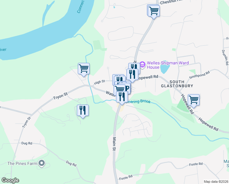 map of restaurants, bars, coffee shops, grocery stores, and more near 865 Main Street in Glastonbury