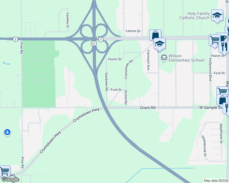 map of restaurants, bars, coffee shops, grocery stores, and more near 56942 Sundown Road in South Bend
