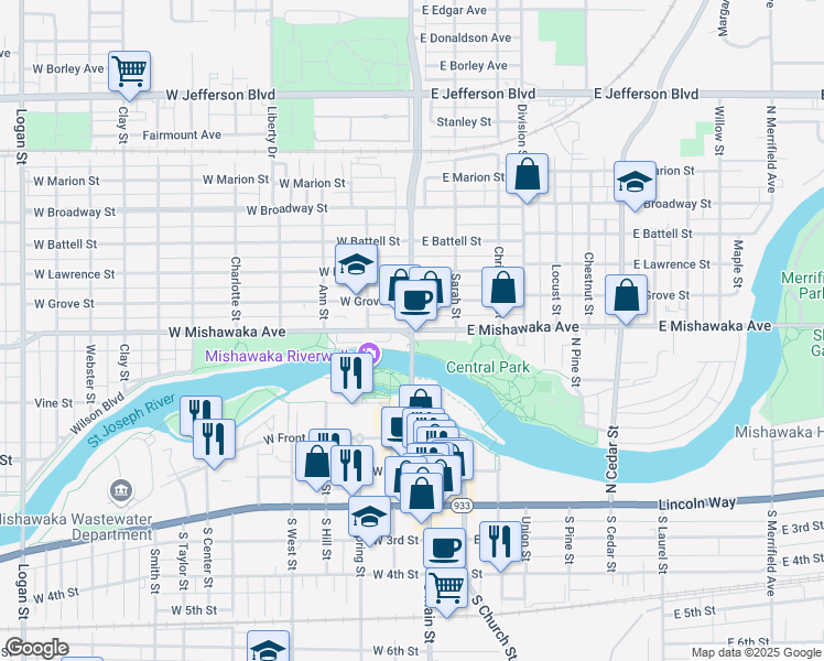 map of restaurants, bars, coffee shops, grocery stores, and more near East Mishawaka Avenue in Mishawaka