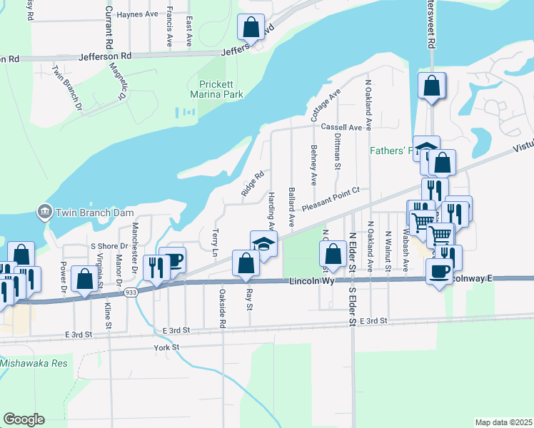 map of restaurants, bars, coffee shops, grocery stores, and more near 327 Harding Avenue in Mishawaka