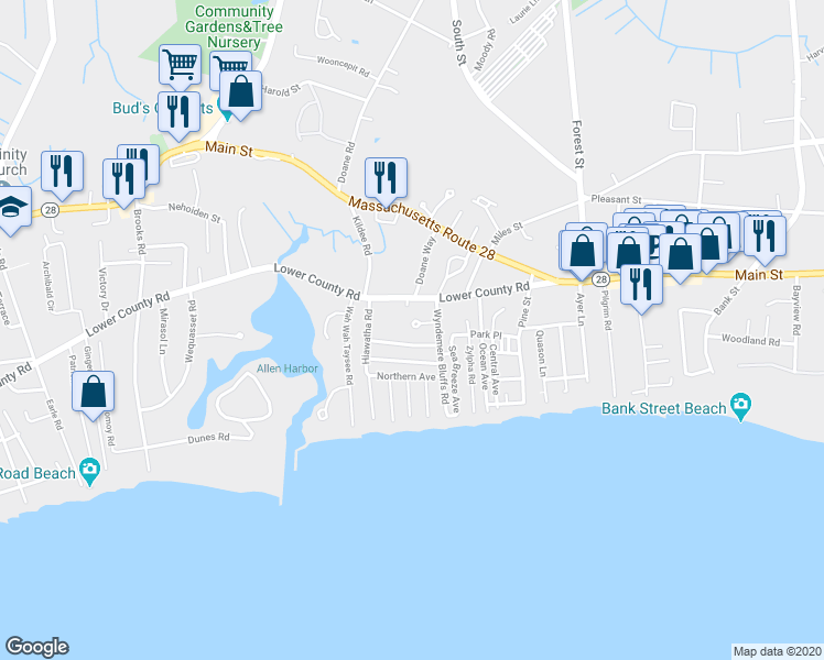 map of restaurants, bars, coffee shops, grocery stores, and more near 1 Field Lane in Harwich