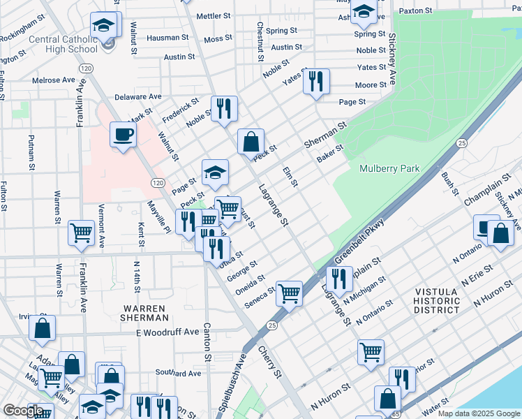map of restaurants, bars, coffee shops, grocery stores, and more near 1518 Locust Street in Toledo