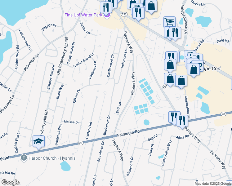 map of restaurants, bars, coffee shops, grocery stores, and more near 35 Buckwood Drive in Barnstable