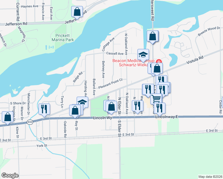 map of restaurants, bars, coffee shops, grocery stores, and more near 4109 Pleasant Point Court in Mishawaka