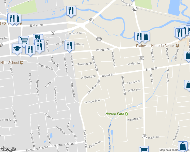 map of restaurants, bars, coffee shops, grocery stores, and more near 19 West Broad Street in Plainville