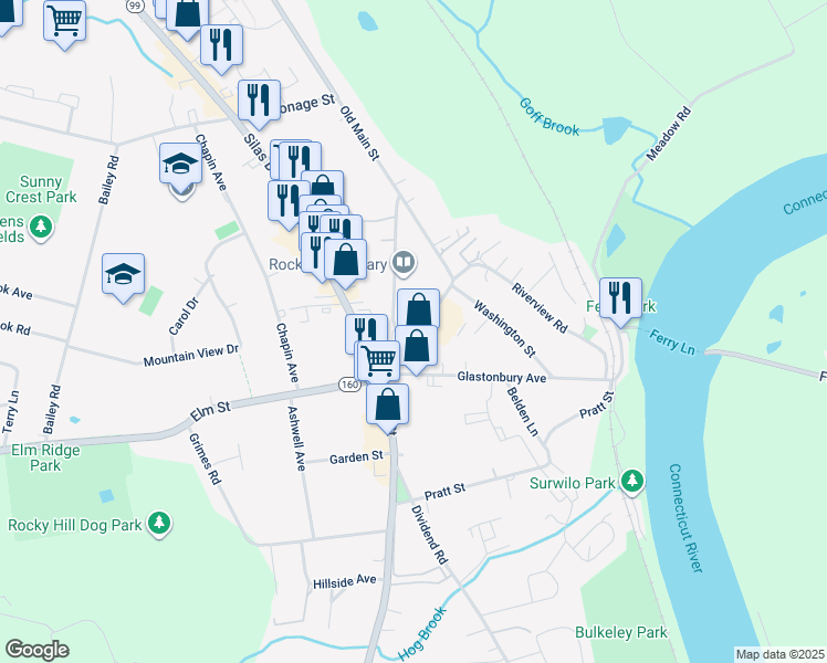 map of restaurants, bars, coffee shops, grocery stores, and more near 785 Old Main Street in Rocky Hill