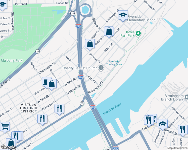 map of restaurants, bars, coffee shops, grocery stores, and more near 1846 North Erie Street in Toledo