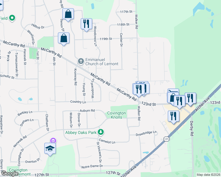 map of restaurants, bars, coffee shops, grocery stores, and more near 12145 Hillcrest Drive in Lemont