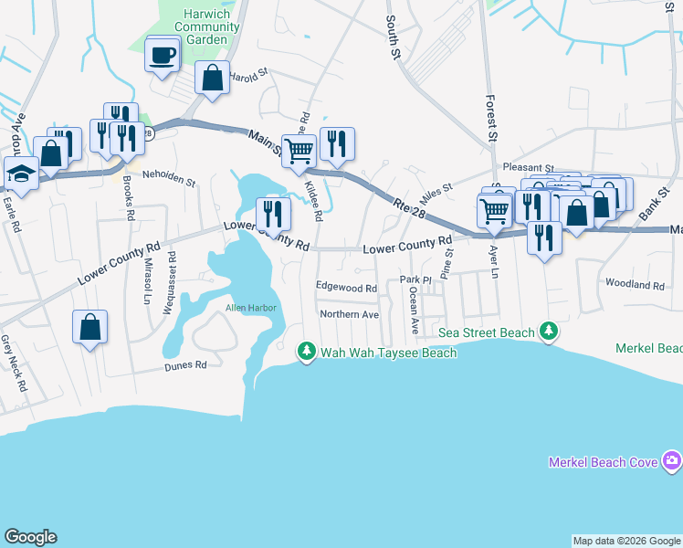 map of restaurants, bars, coffee shops, grocery stores, and more near 407 Lower County Road in Harwich