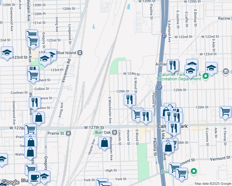 map of restaurants, bars, coffee shops, grocery stores, and more near 12500 Lincoln Street in Calumet Park