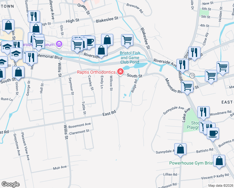 map of restaurants, bars, coffee shops, grocery stores, and more near 569 East Road in Bristol