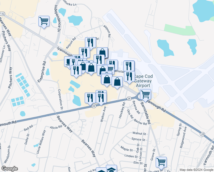 map of restaurants, bars, coffee shops, grocery stores, and more near 655 Iyannough Road in Barnstable