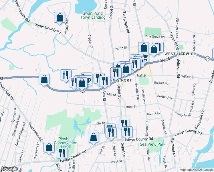 map of restaurants, bars, coffee shops, grocery stores, and more near 290 Sea Street in Dennis
