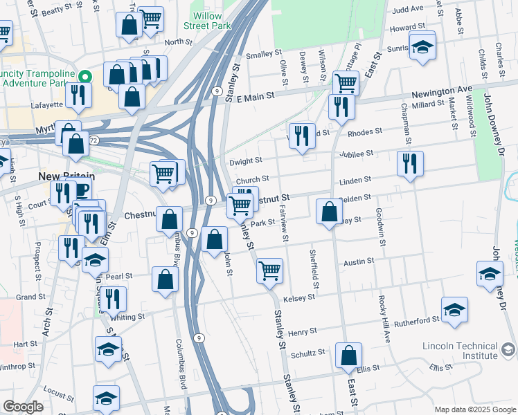 map of restaurants, bars, coffee shops, grocery stores, and more near 340 Chestnut Street in New Britain
