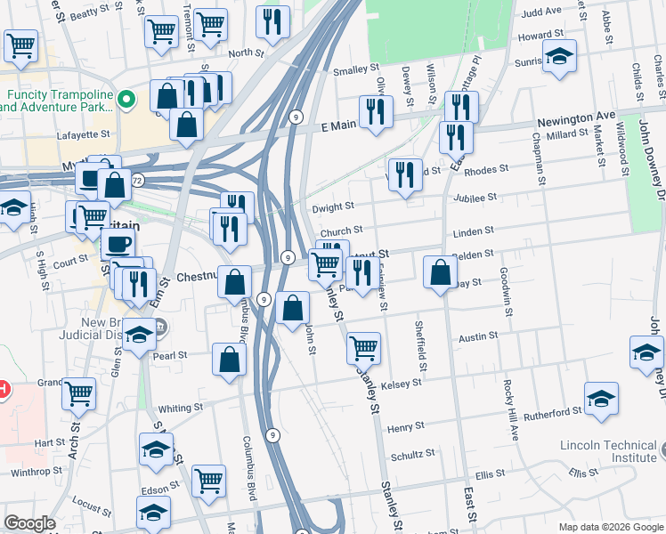 map of restaurants, bars, coffee shops, grocery stores, and more near 699 Stanley Street in New Britain