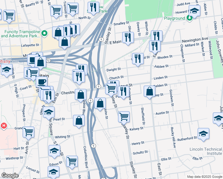 map of restaurants, bars, coffee shops, grocery stores, and more near 699 Stanley Street in New Britain