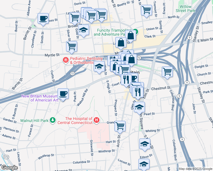 map of restaurants, bars, coffee shops, grocery stores, and more near 114 West Main Street in New Britain