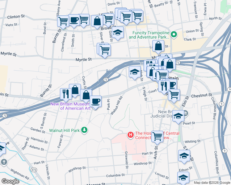map of restaurants, bars, coffee shops, grocery stores, and more near 17 Russell Street in New Britain