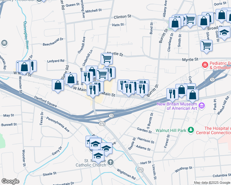 map of restaurants, bars, coffee shops, grocery stores, and more near 38 Westerly Street in New Britain