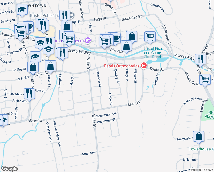 map of restaurants, bars, coffee shops, grocery stores, and more near 27 Howard Avenue in Bristol