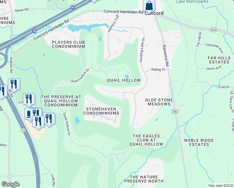 map of restaurants, bars, coffee shops, grocery stores, and more near 11381 Saddlewood Lane in Painesville