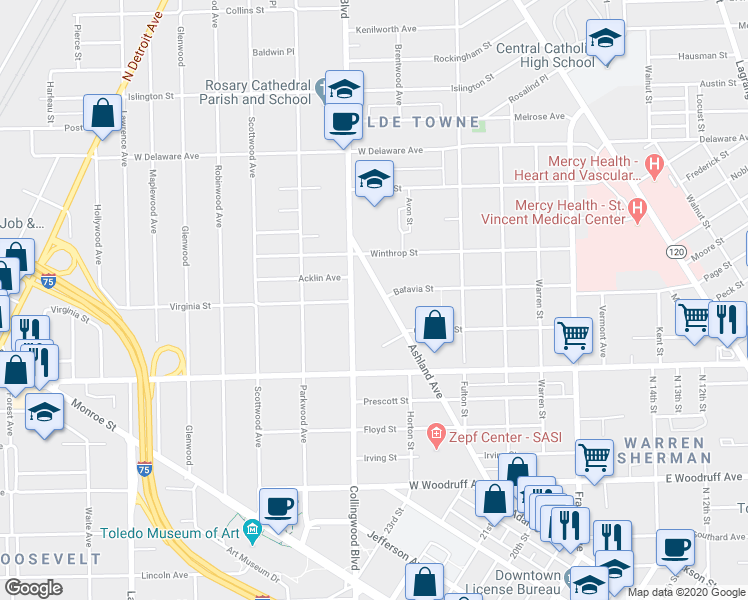 map of restaurants, bars, coffee shops, grocery stores, and more near 2327 Ashland Avenue in Toledo