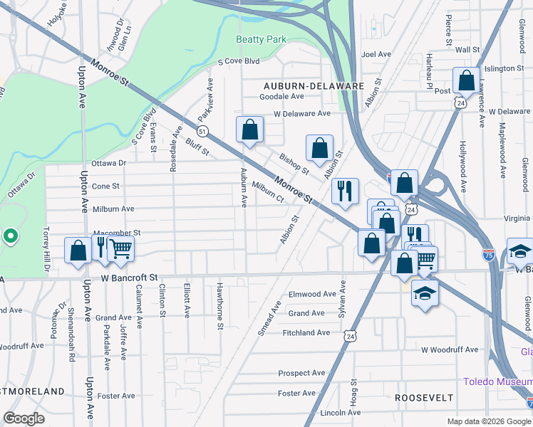map of restaurants, bars, coffee shops, grocery stores, and more near 2312 Auburn Avenue in Toledo
