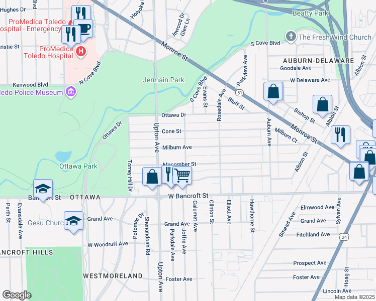 map of restaurants, bars, coffee shops, grocery stores, and more near 2314 Isherwood Street in Toledo