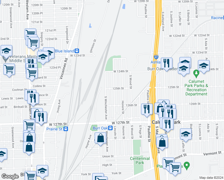 map of restaurants, bars, coffee shops, grocery stores, and more near 12435 South Winchester Avenue in Calumet Park