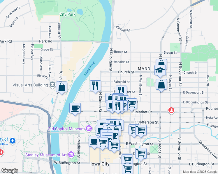 map of restaurants, bars, coffee shops, grocery stores, and more near in Iowa City