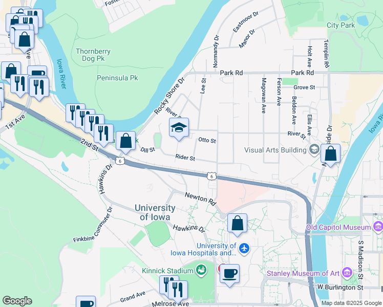 map of restaurants, bars, coffee shops, grocery stores, and more near 300 Teeters Court in Iowa City
