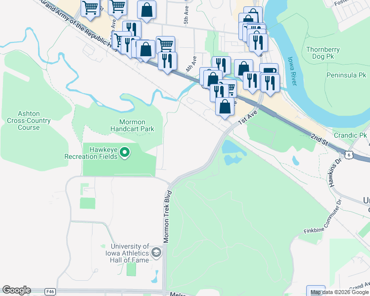 map of restaurants, bars, coffee shops, grocery stores, and more near 158 Hawkeye Court in Iowa City
