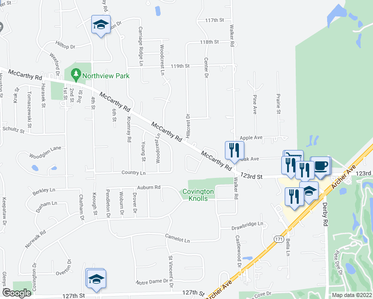 map of restaurants, bars, coffee shops, grocery stores, and more near 12145 Hillcrest Drive in Lemont