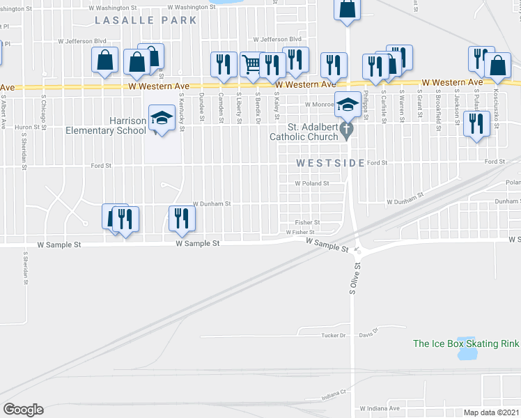 map of restaurants, bars, coffee shops, grocery stores, and more near 814 South Bendix Drive in South Bend