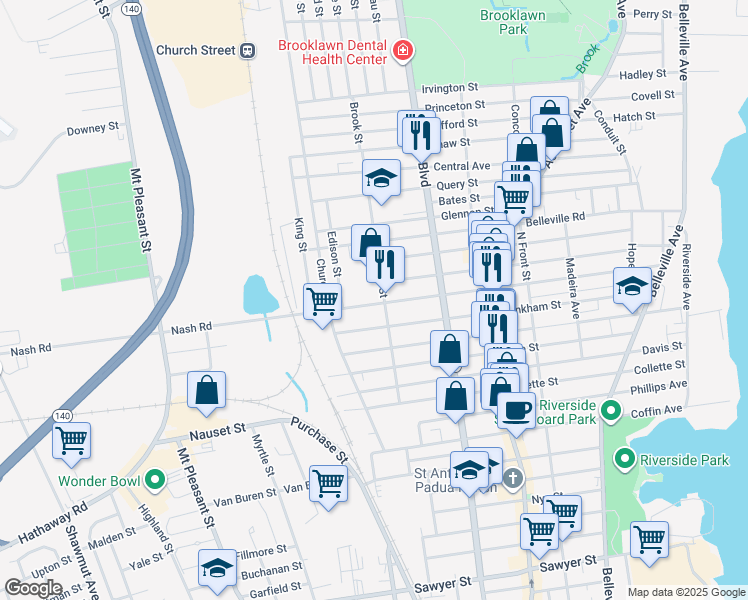 map of restaurants, bars, coffee shops, grocery stores, and more near 251 Brook Street in New Bedford