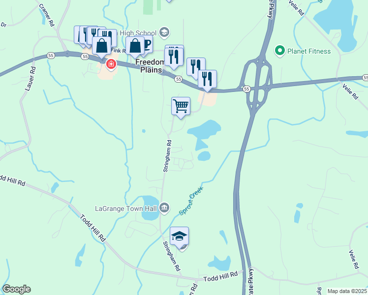 map of restaurants, bars, coffee shops, grocery stores, and more near 140 Stringham Road in Lagrangeville