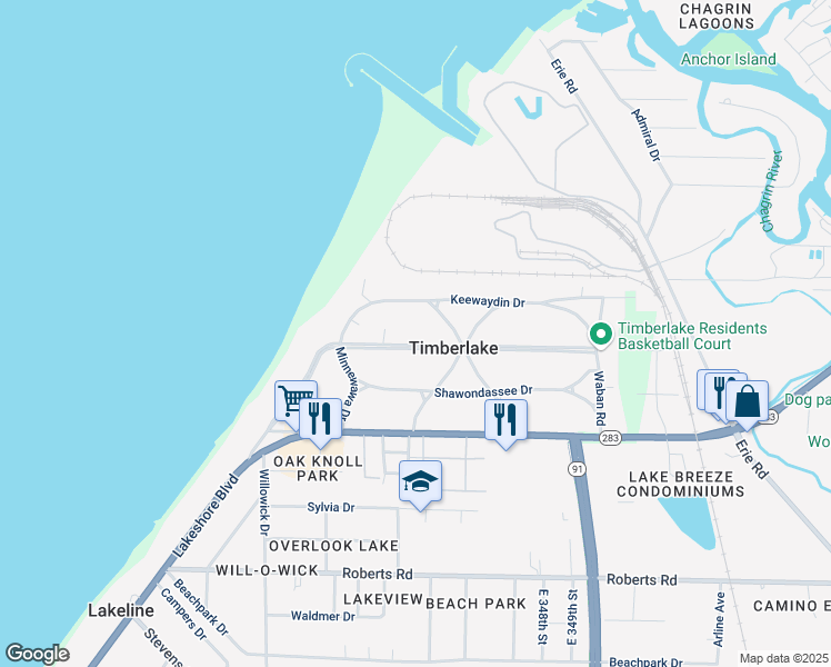 map of restaurants, bars, coffee shops, grocery stores, and more near 19 Nepahwin Road in Timberlake