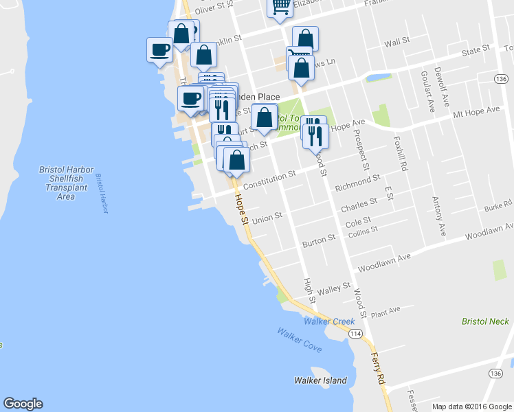 map of restaurants, bars, coffee shops, grocery stores, and more near 15 Pleasant Street in Bristol