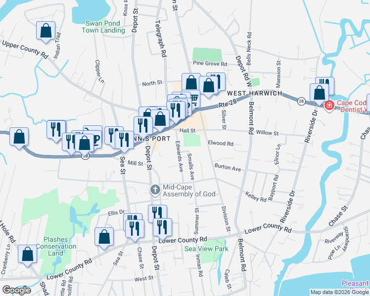 map of restaurants, bars, coffee shops, grocery stores, and more near 44 Edwards Avenue in Dennis