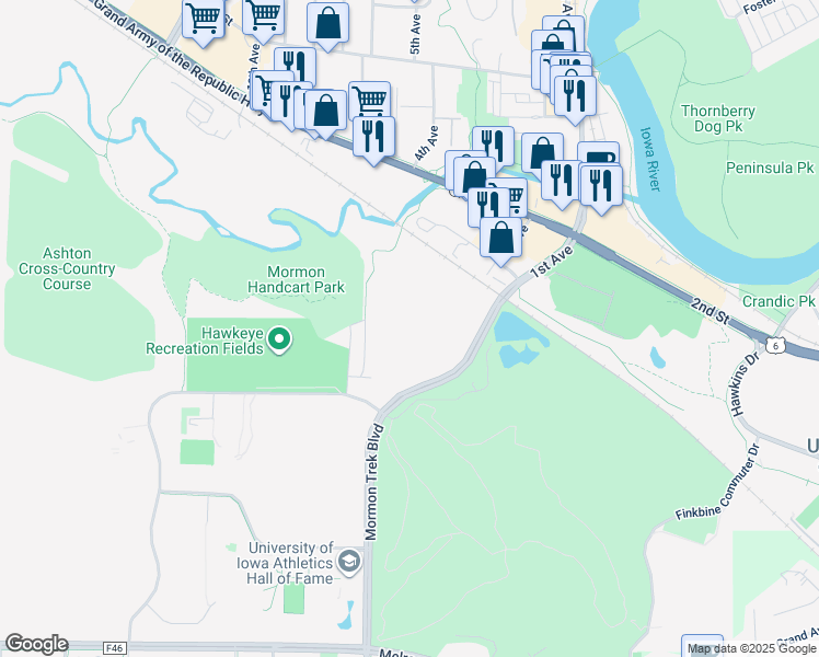 map of restaurants, bars, coffee shops, grocery stores, and more near 158 Hawkeye Court in Iowa City