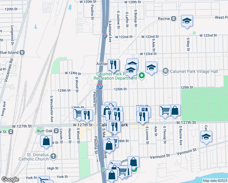 map of restaurants, bars, coffee shops, grocery stores, and more near 12507 South Ashland Avenue in Calumet Park