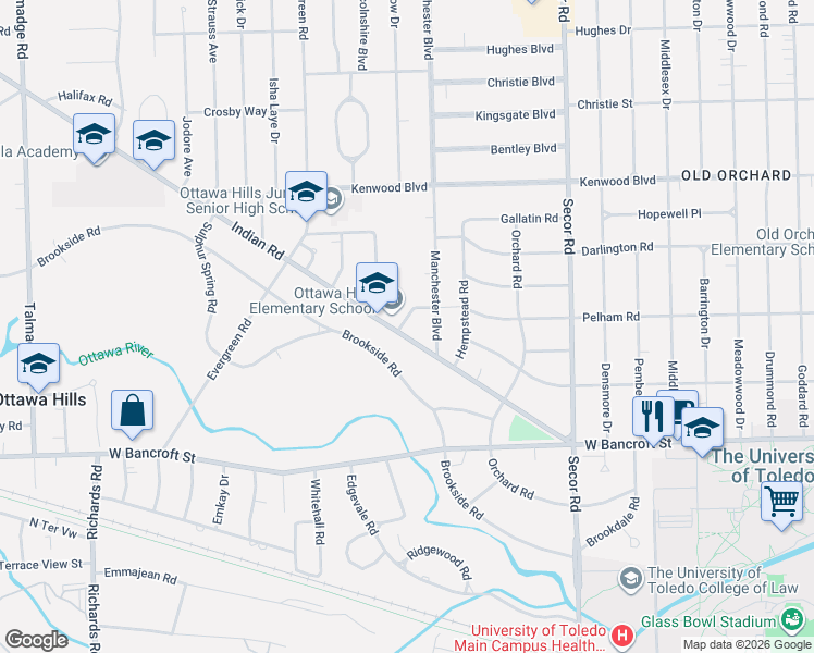 map of restaurants, bars, coffee shops, grocery stores, and more near 3602 Indian Road in Ottawa Hills
