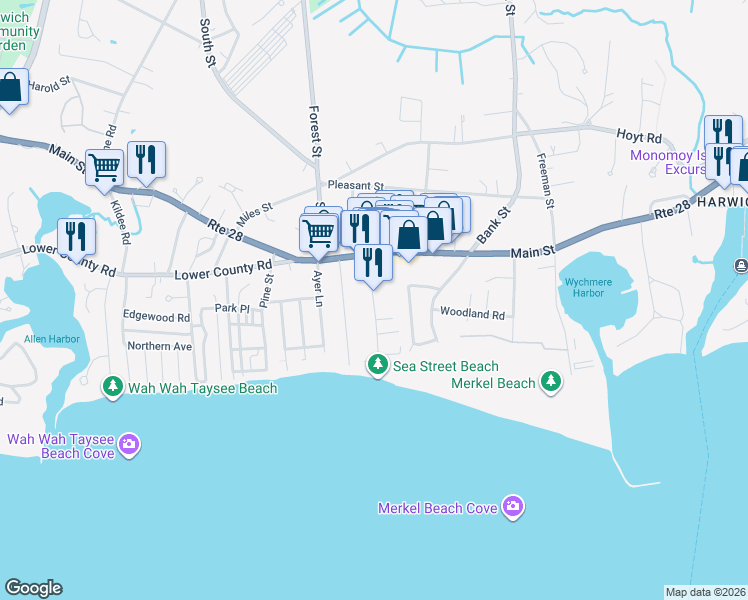 map of restaurants, bars, coffee shops, grocery stores, and more near 47 Sea Street in Harwich