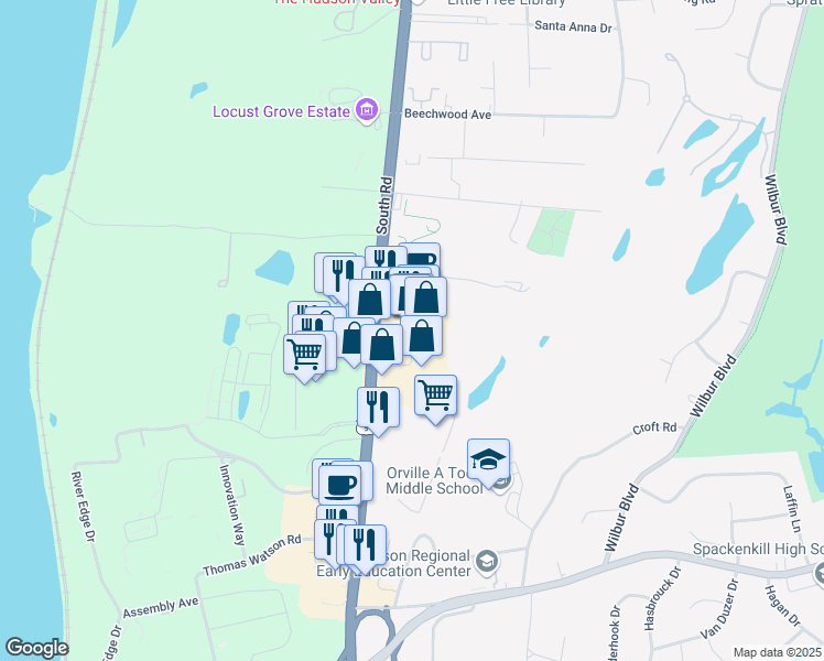 map of restaurants, bars, coffee shops, grocery stores, and more near 2586-2600 South Road in Poughkeepsie