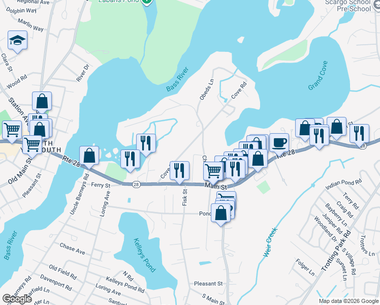map of restaurants, bars, coffee shops, grocery stores, and more near 51 Church Street in Dennis